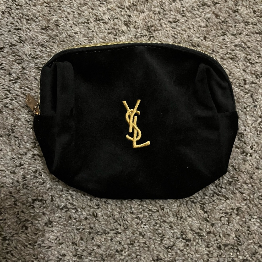 Yves Saint Laurent Black Velvet Cosmetic Pouch with Gold YSL Logo